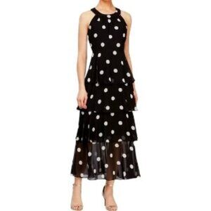 SLNY Black and White Polka Dot Tiered Dress